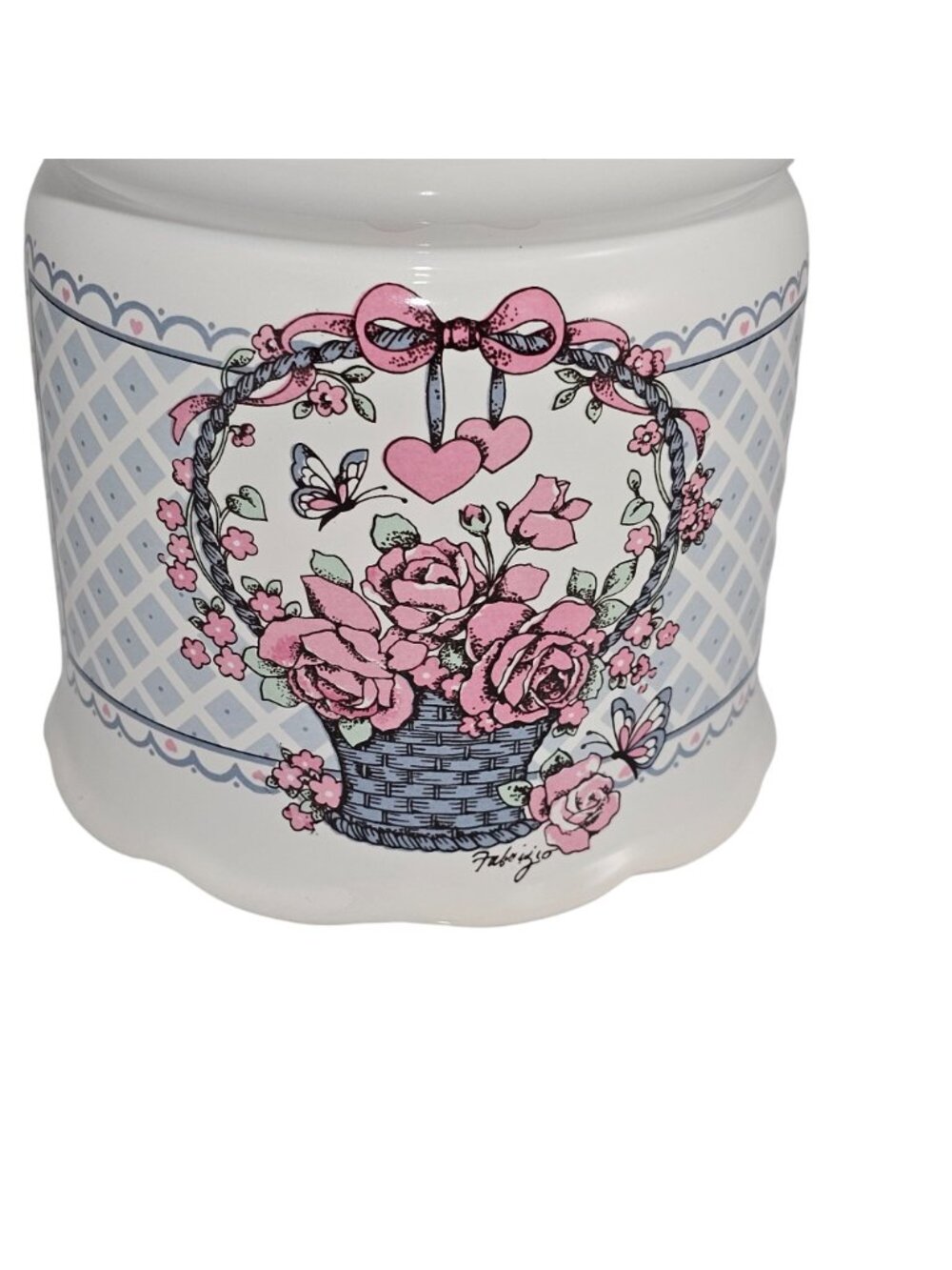 1980s Large Canister 7.5" Veranda Hearts Roses Basket Cottagecore vtg kitchen - Picture 2 of 12